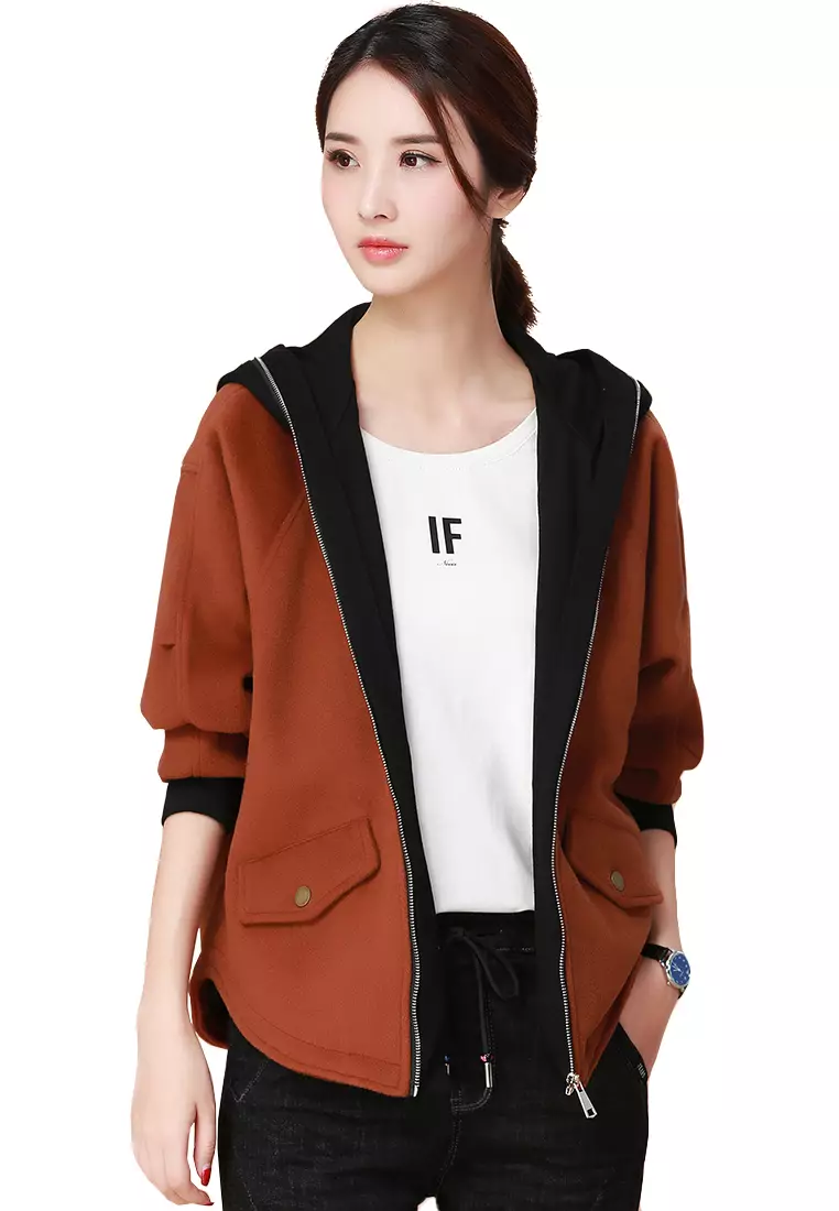 A-IN GIRLS Spell Color Zipper Hooded Woolen Jacket