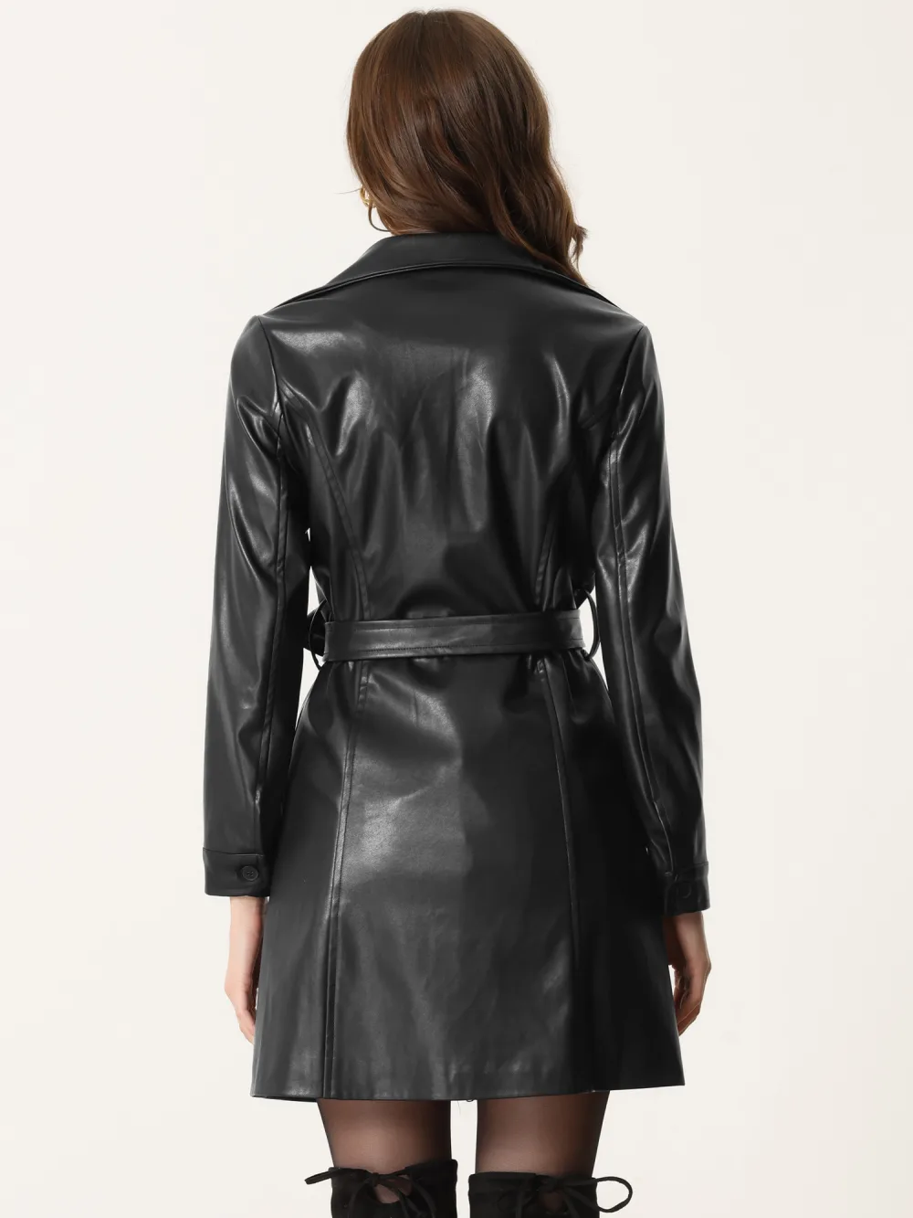 Allegra K - Notched Lapel Collar Faux Leather Long Jacket