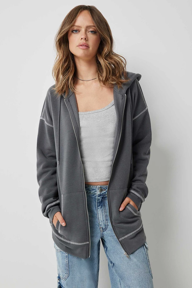 Ardene Ardene Exposed Seam Zip-Up Hoodie in Dark Grey | Size | Polyester | Fleece-Lined