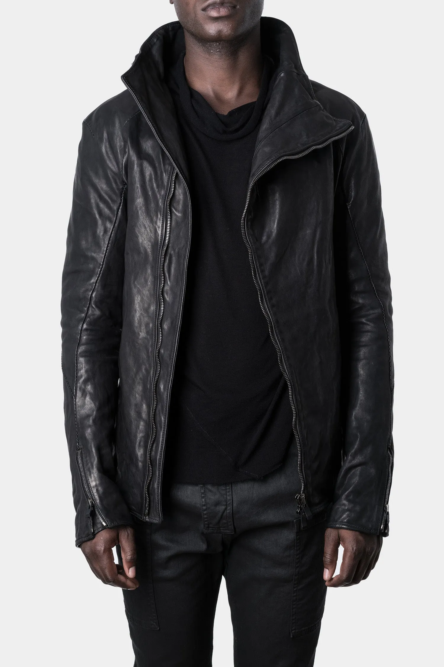 Asymmetrical zip high neck leather jacket