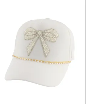 Beaded Bow Pearl Chain White Trucker Hat