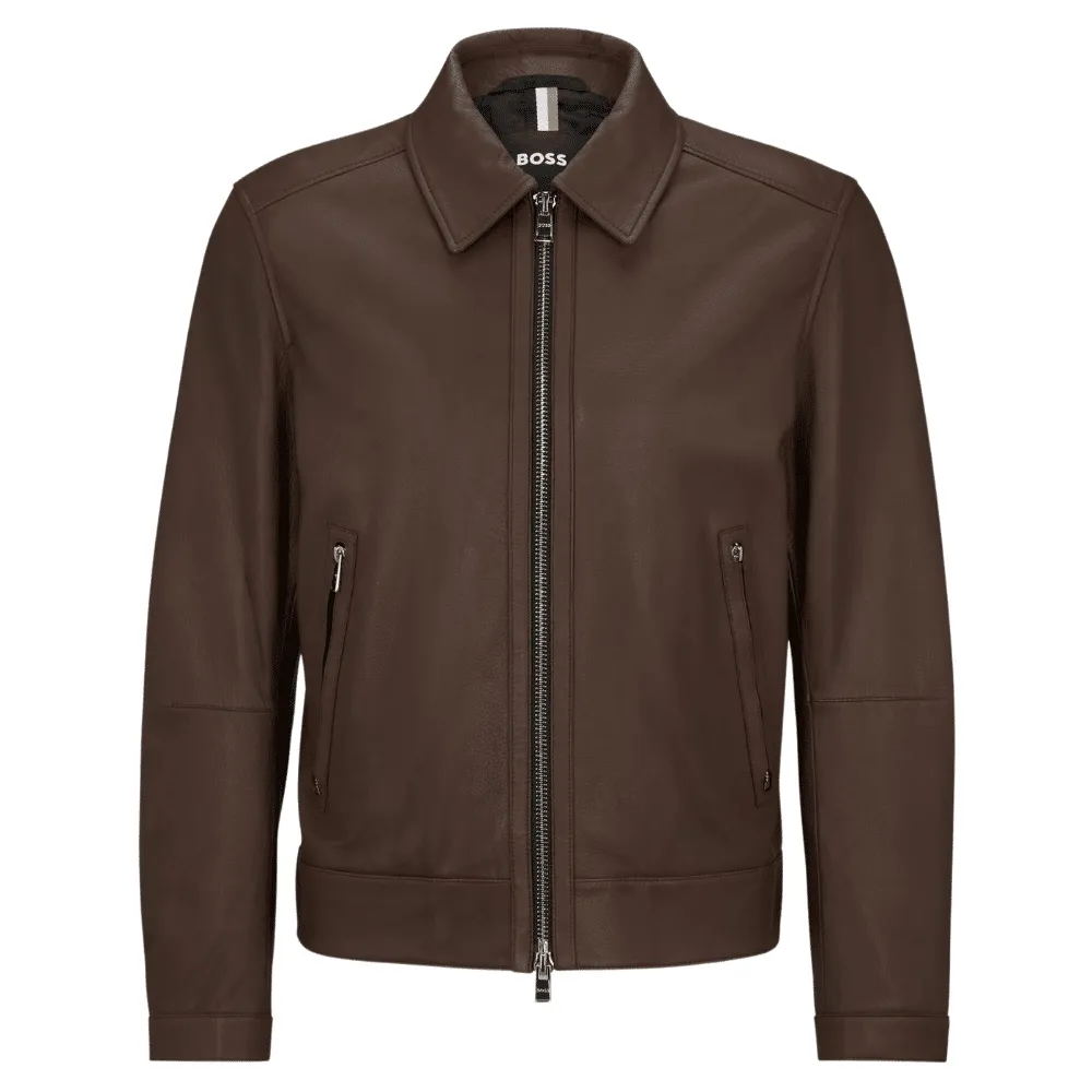 BOSS Mapson Dark Brown Leather Jacket | Menswear Online