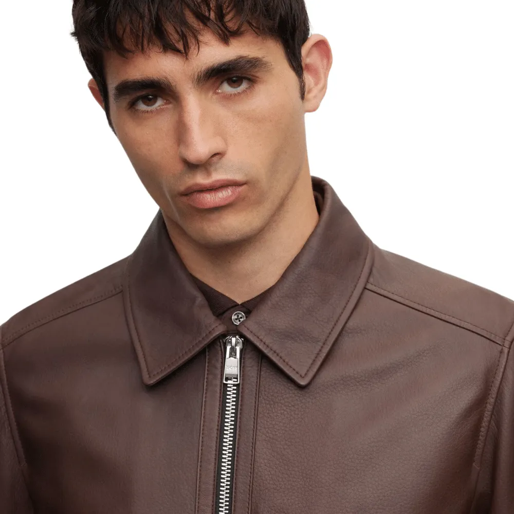 BOSS Mapson Dark Brown Leather Jacket | Menswear Online