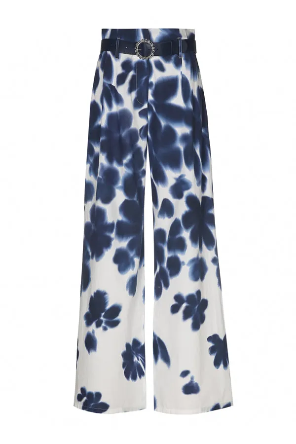 Caroline Biss BLUE FLORAL PRINT WIDE HIGH WAIST TROUSERS