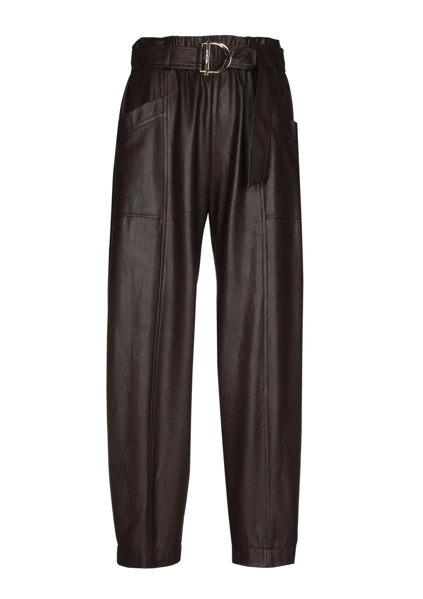 Caroline Biss BROWN CREASED LOOSE-FITTING ECO-LEATHER TROUSERS