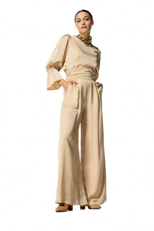 Caroline Biss SHINY LOOSE HIGH WAIST WIDE DRESSY TROUSERS