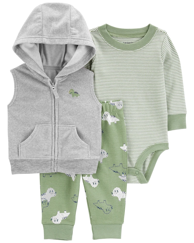 Carters Oshkosh Baby 3-Piece Grey Fleece Dinosaur Vest Set