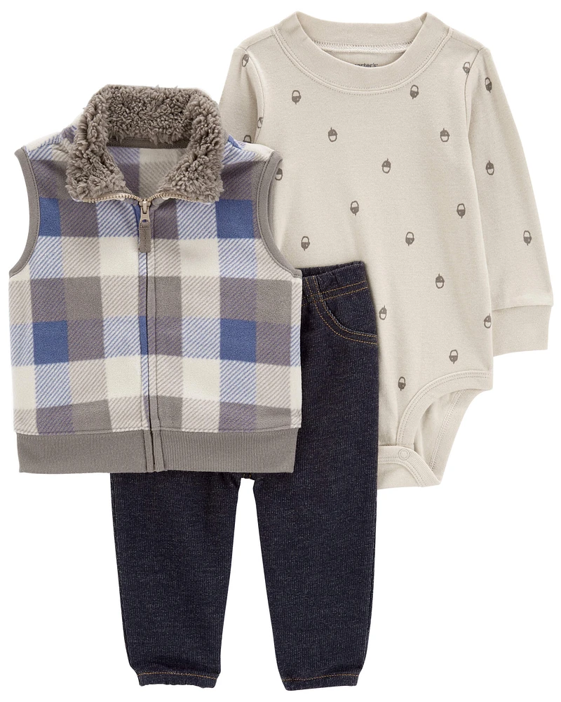 Carters Oshkosh Baby 3-Piece Plaid Fleece-Lined Vest Set