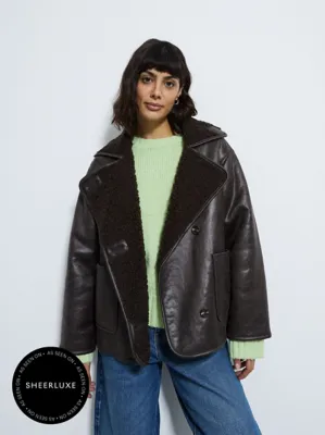 Chocolate Soft Touch Faux Leather Aviator Jacket | Women | George at ASDA