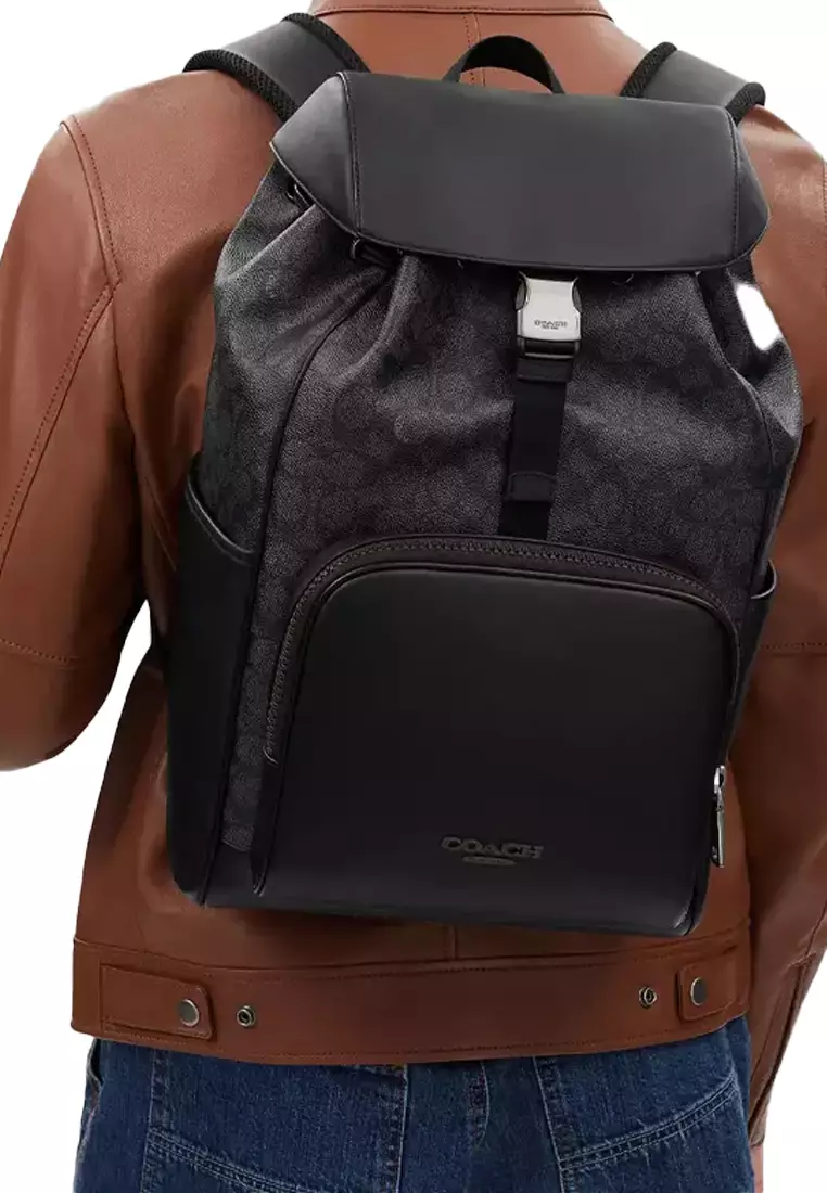 Coach COACH Racer Men's Black-Grey Leather-Trim Backpack