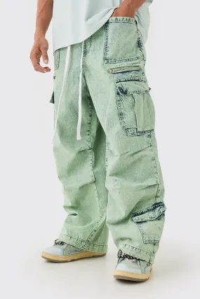 Denim Parachute Elasticated Waist Overdyed Acid Washed Cargo Jeans In Sage | boohooMAN UK