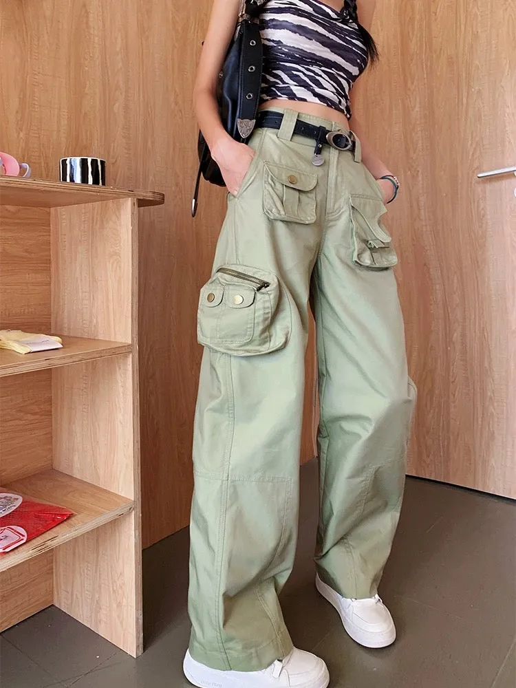 Earth Store Bean Green American High Waist Slim Loose Straight Workwear Style Casual Pants Women's Spring and Summer New Floor-M