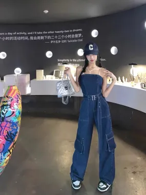 [Earth Store] Blue Loose Workwear Denim Jumpsuit + White Slim Suspender Bra Two-piece Set for Women in Autumn