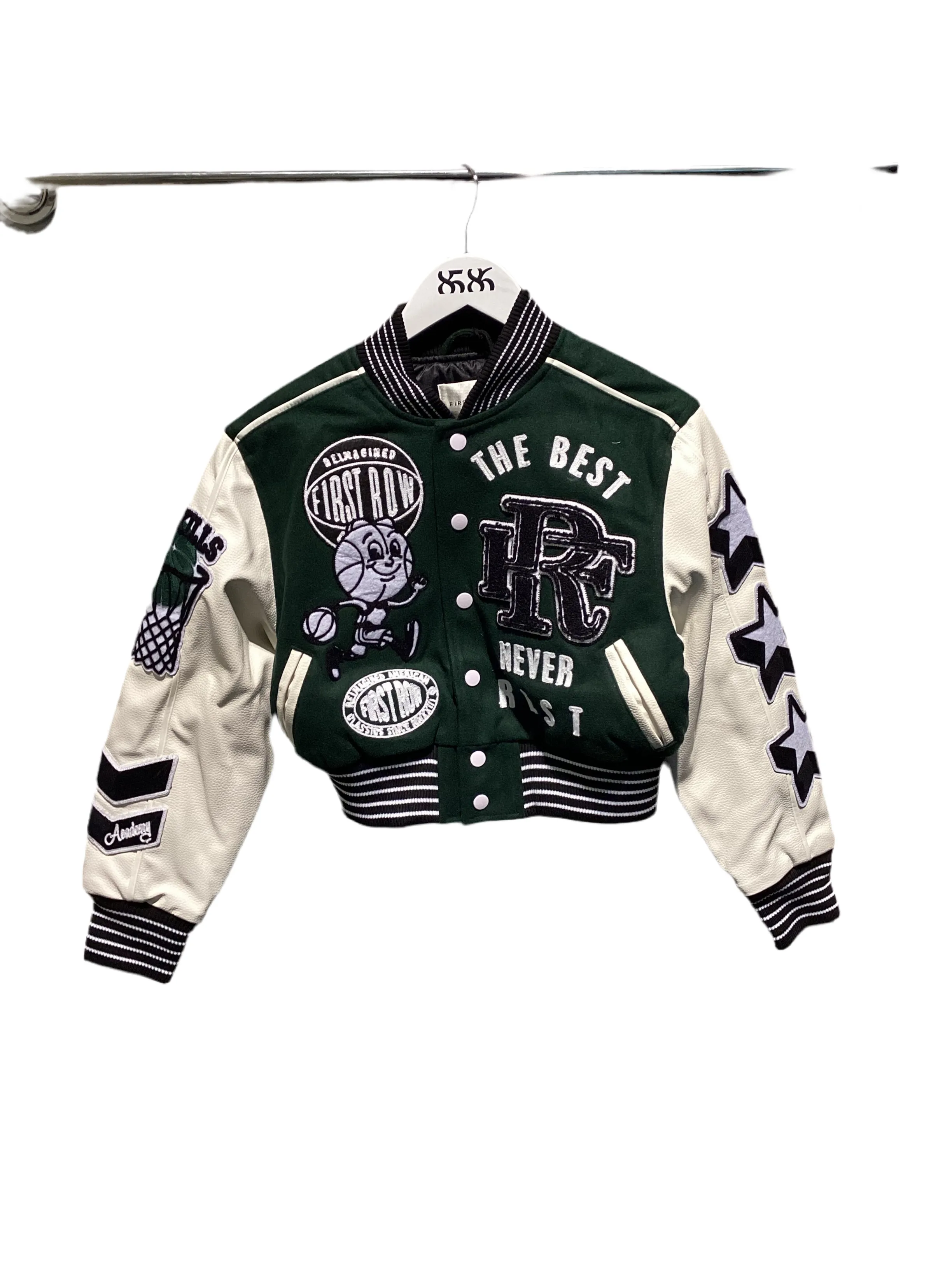 FIRST ROW: THE BEST NEVER REST CROPPED VARSITY JACKET