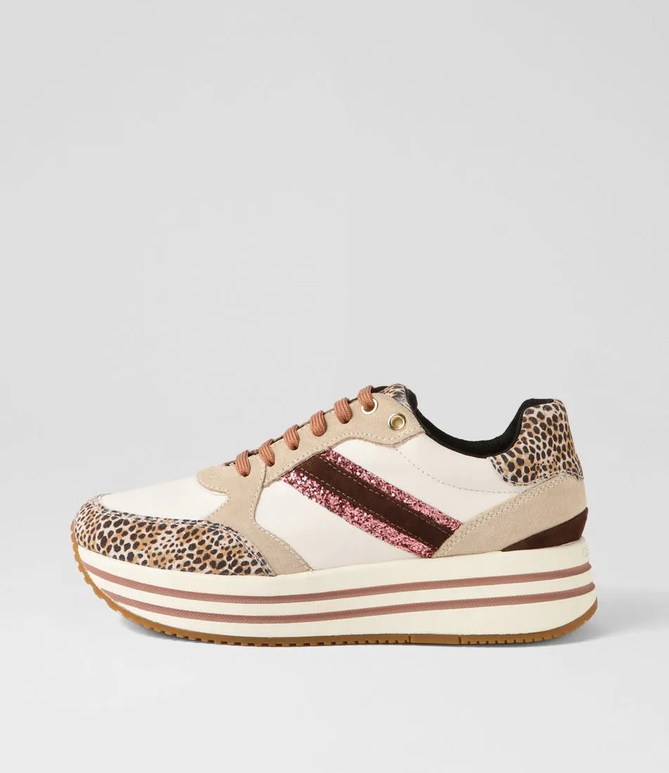 GEOX D Kency Off White Light Taupe Leather Suede Sneakers