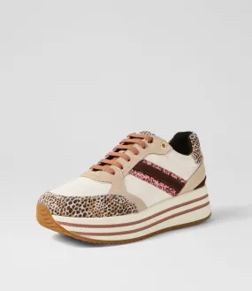 GEOX D Kency Off White Light Taupe Leather Suede Sneakers