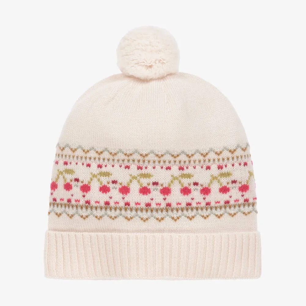 Girls Beige Wool & Cashmere Cherry Hat