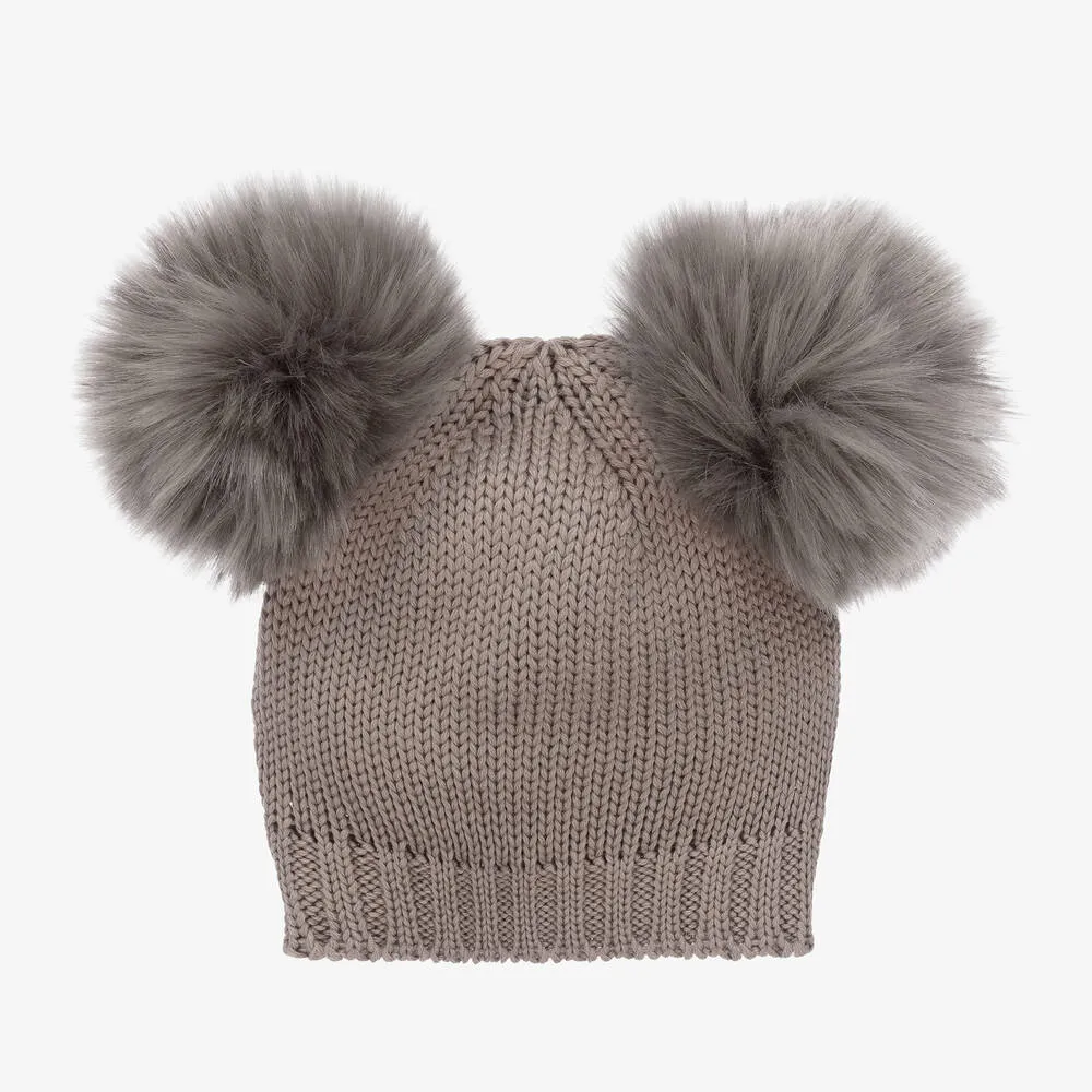 Girls Grey Wool Knitted Pom-Pom Hat