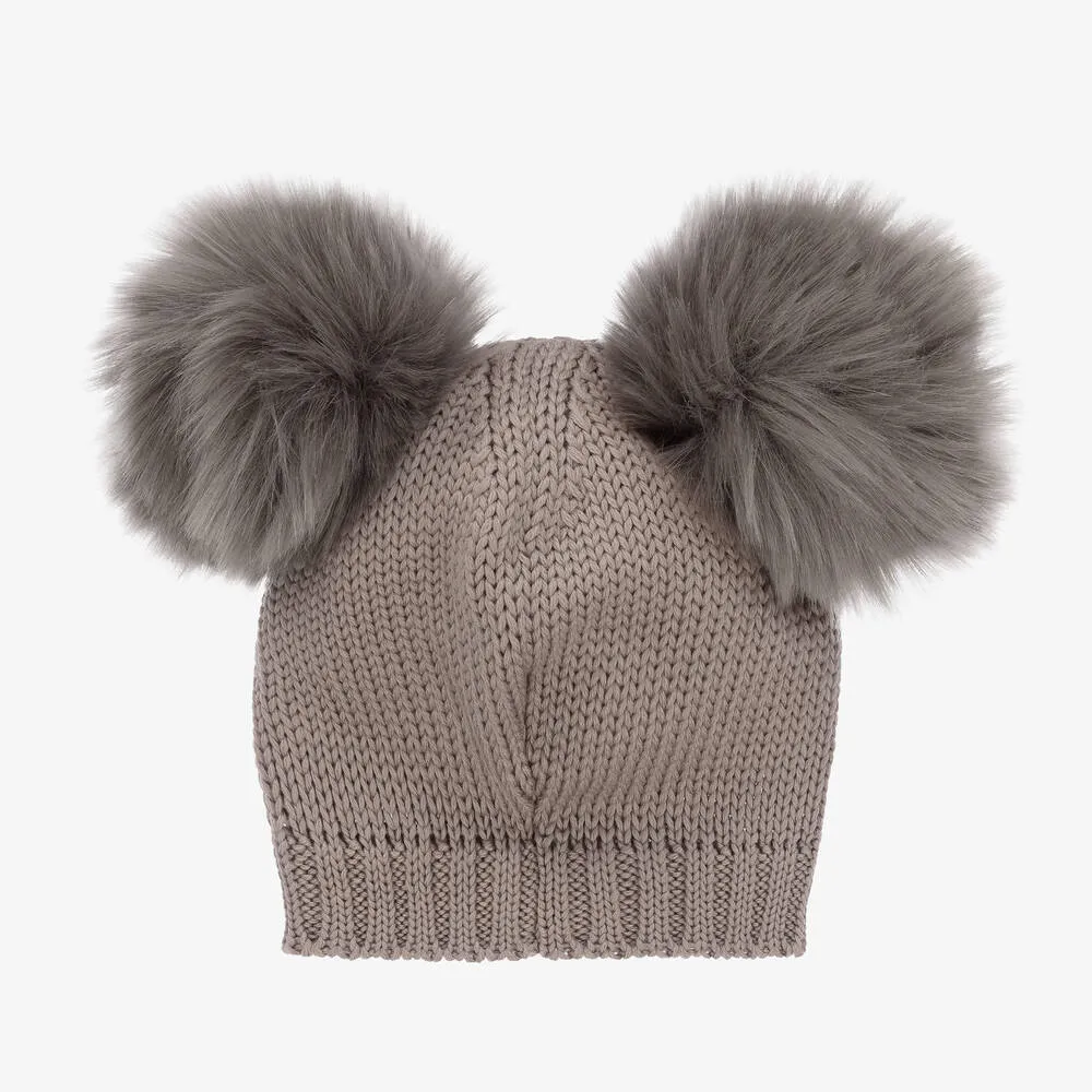 Girls Grey Wool Knitted Pom-Pom Hat