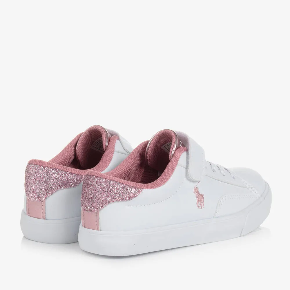 Girls White & Pink Faux Leather Trainers