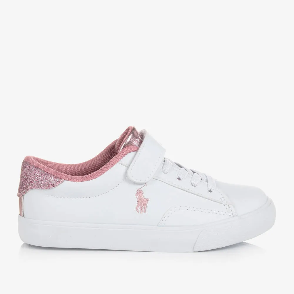 Girls White & Pink Faux Leather Trainers