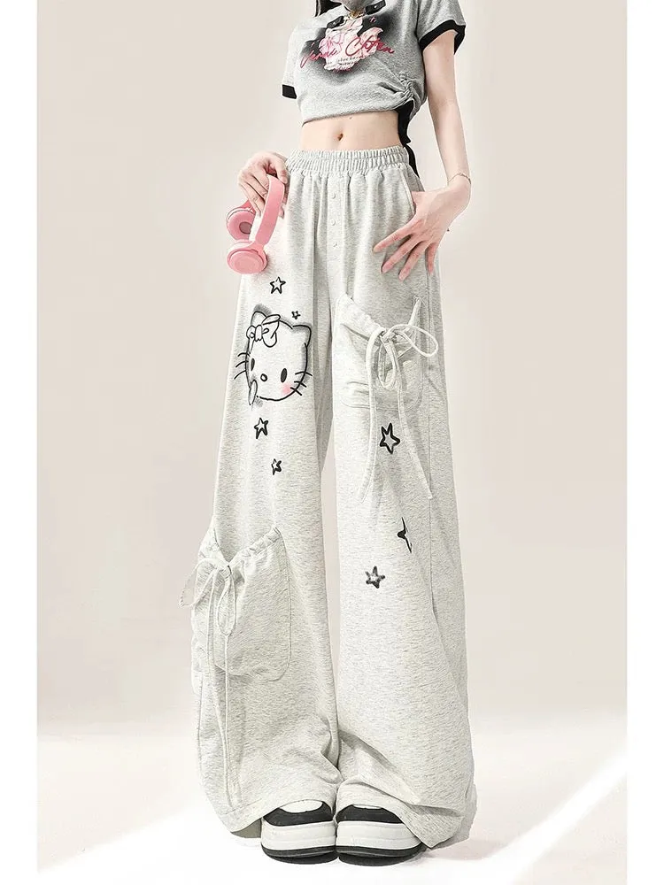 Gray hellokitty sports pants for women summer thin sweet girl workwear casual wide leg jazz dance long pants