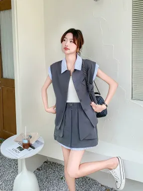 Gray striped splicing casual suit skirt for women summer 2024 new sleeveless shirt workwear short skirt two-piece set