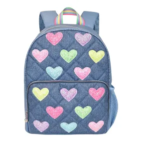 Hearts Glitter Printed Denim Large Backpack