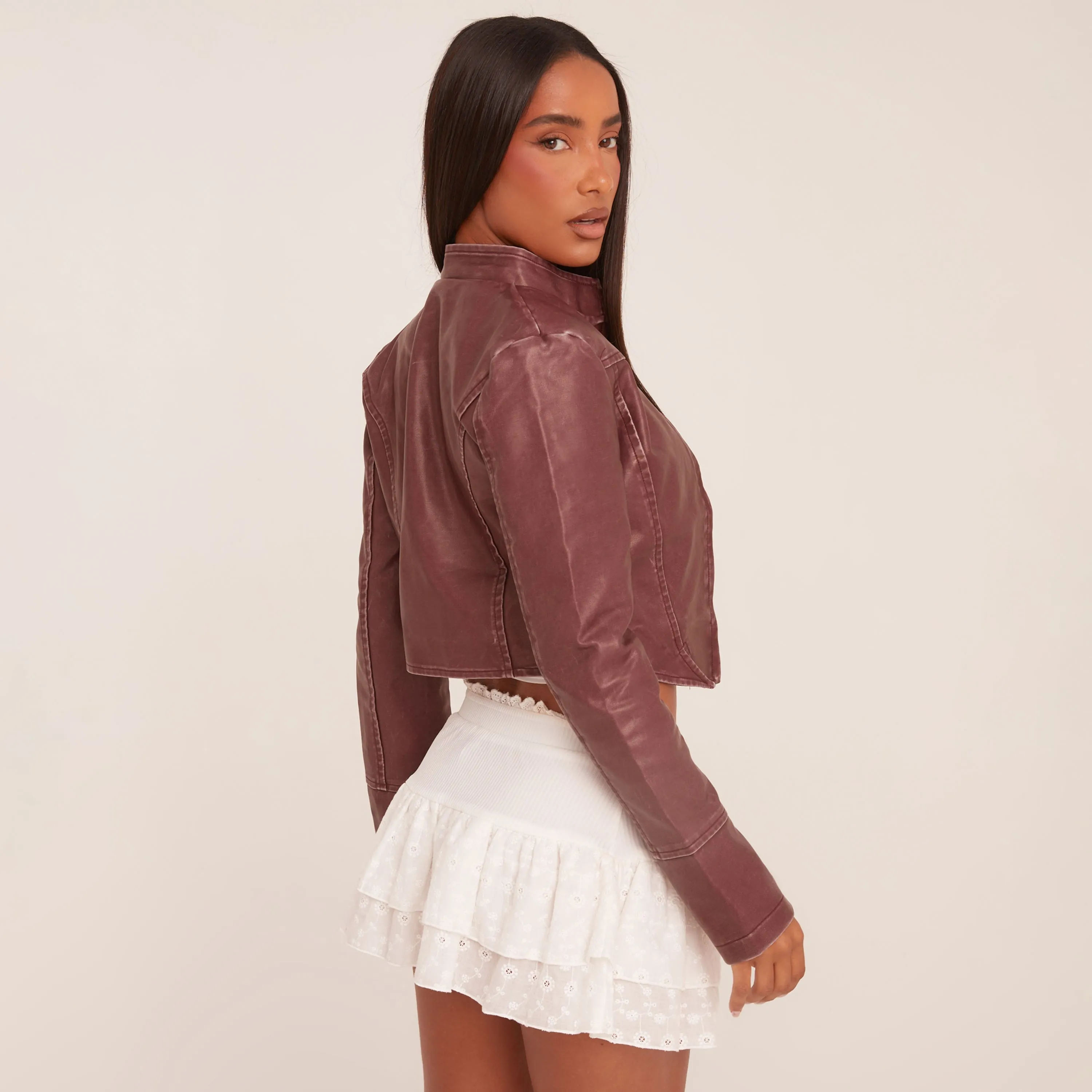 High Neck Zip Front Cropped Biker Jacket In Burgundy Faux Leather