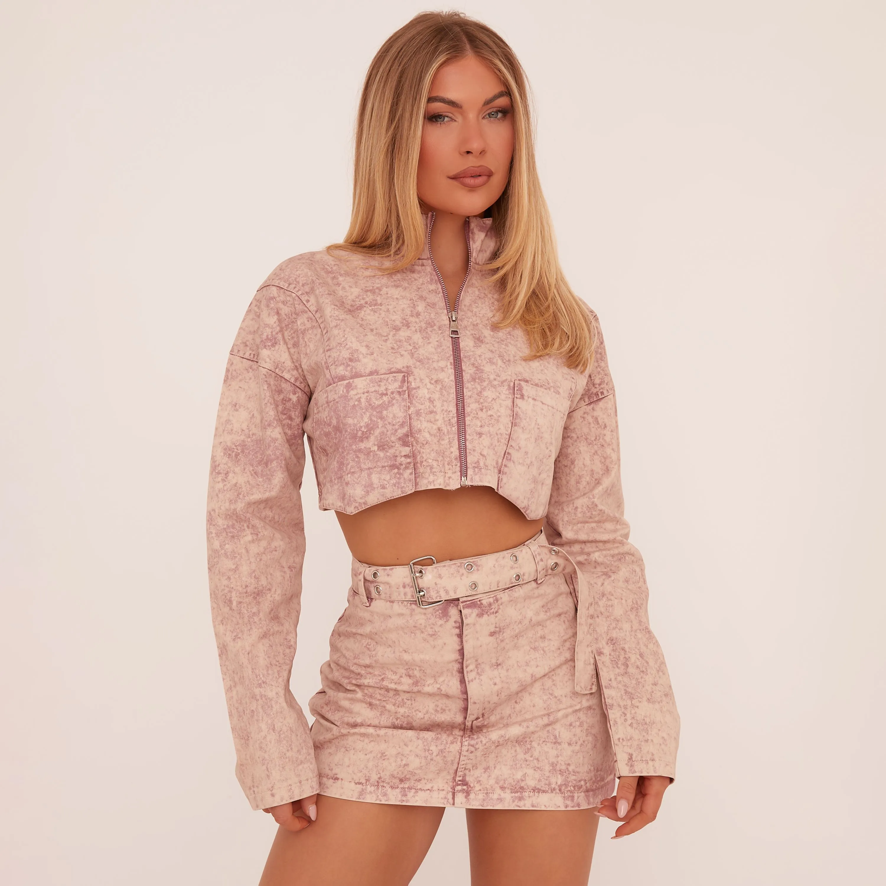 High Neck Zip Up Cropped Jacket In Washed Pink Acid Wash