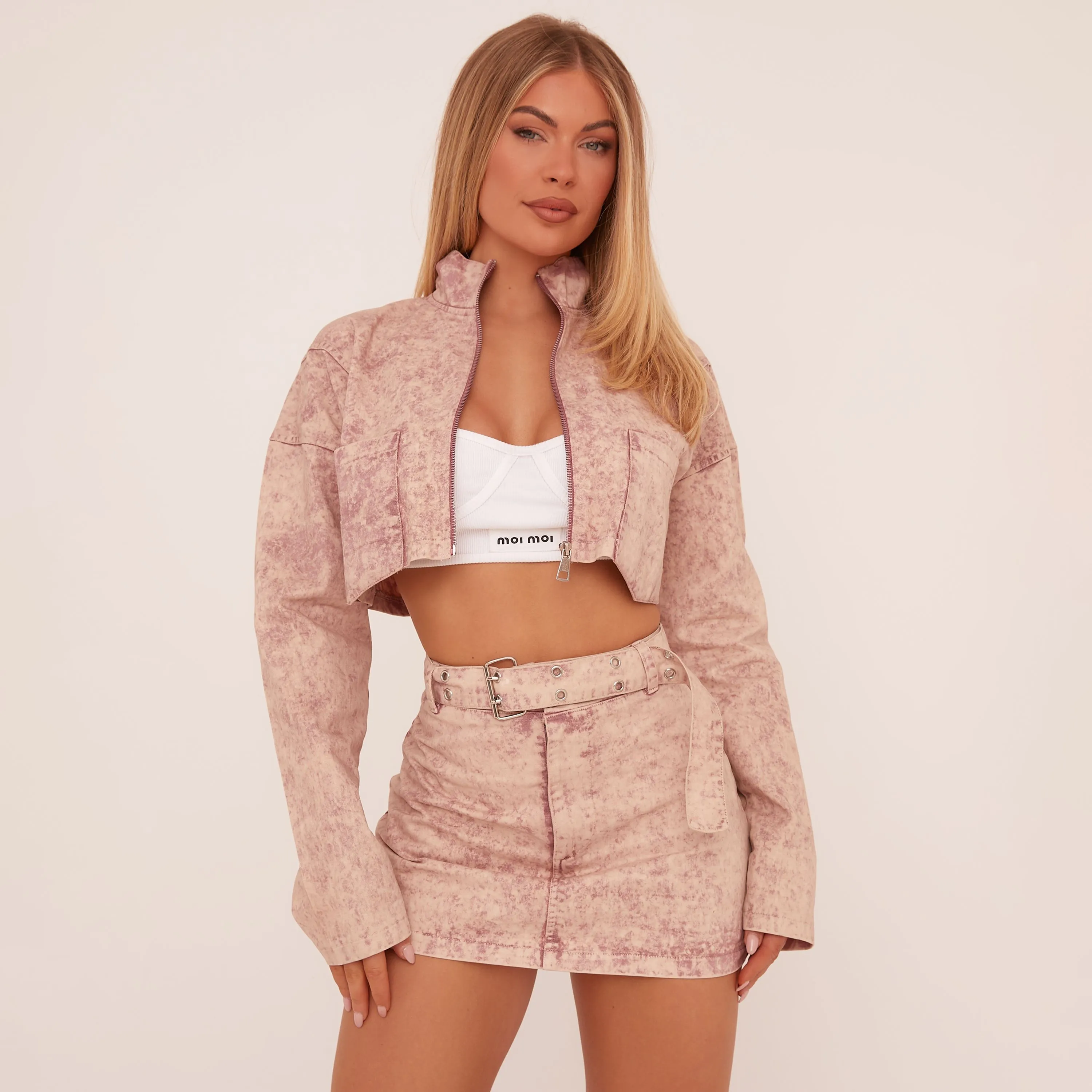 High Neck Zip Up Cropped Jacket In Washed Pink Acid Wash