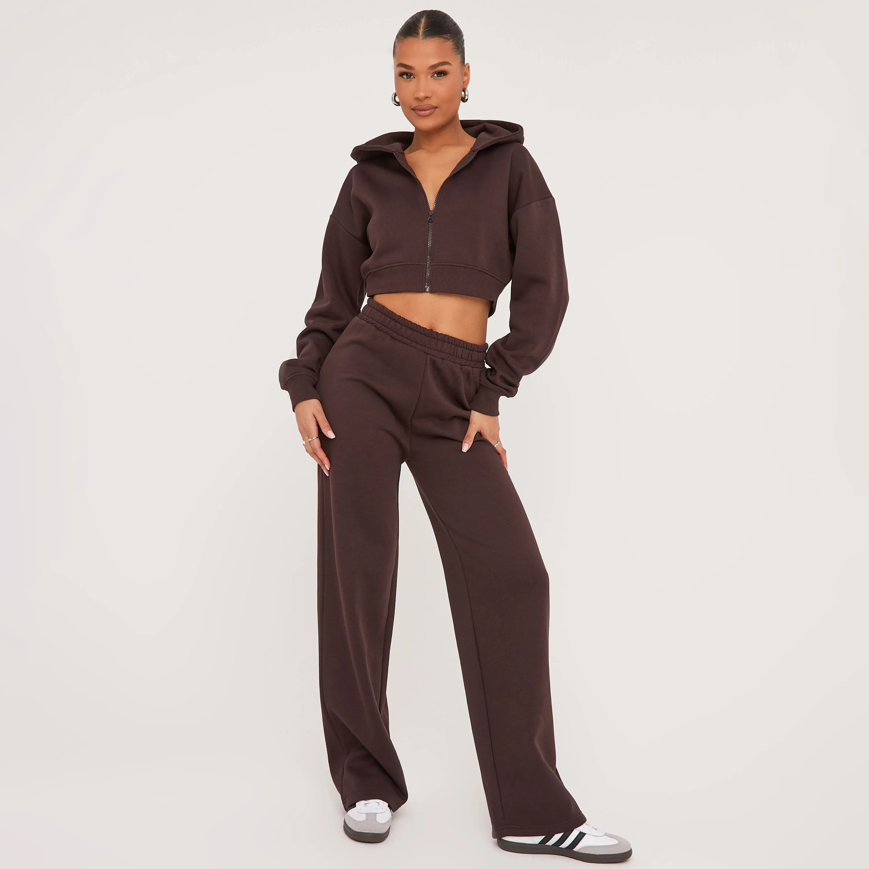 High Waist Oversized Wide Leg Joggers In Chocolate Brown