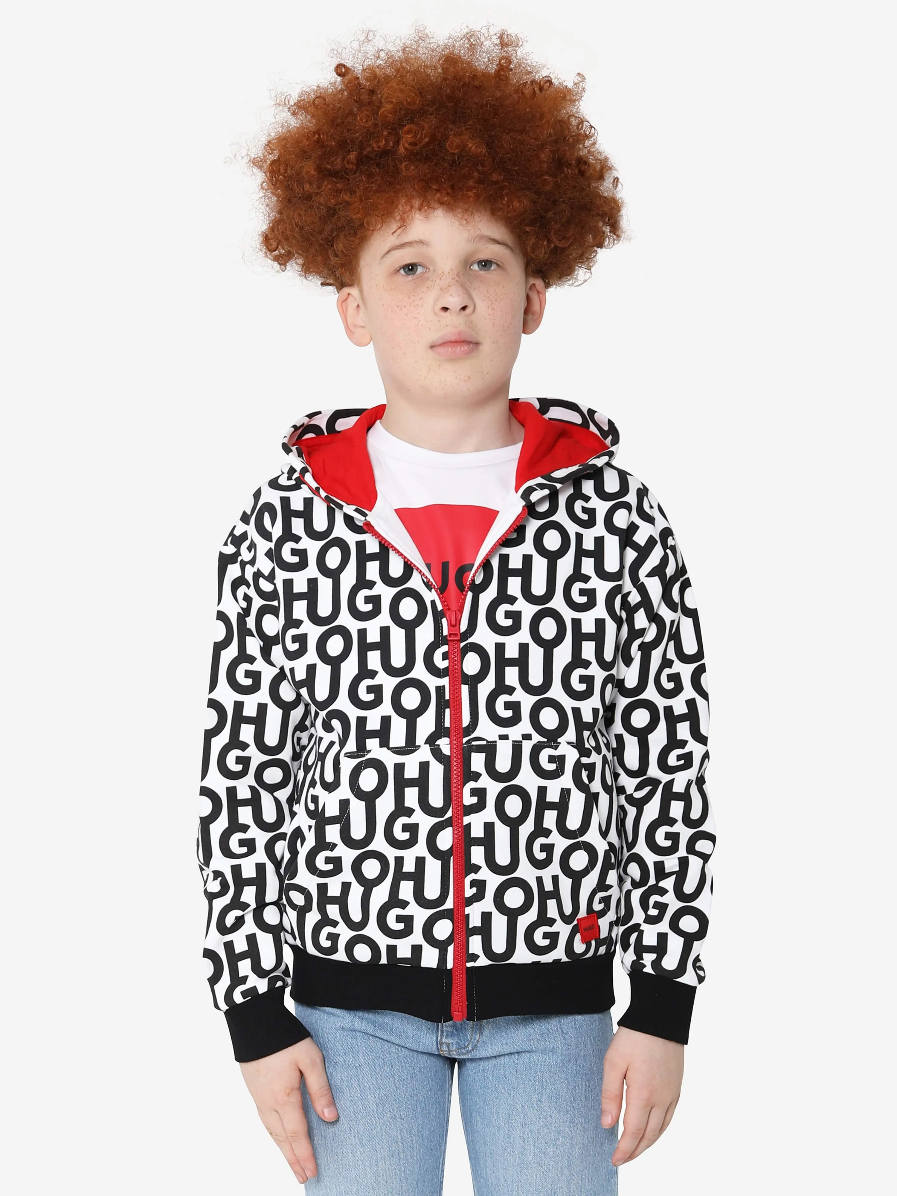 Hugo Boys Logo All Over Print Zip Up Hoodie in Black