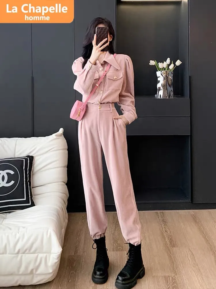 La Chapelle high-end temperament pink casual sports suit women's autumn 2023 new slim workwear two-piece set