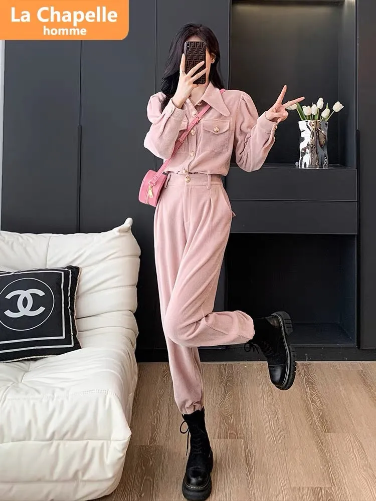 La Chapelle high-end temperament pink casual sports suit women's autumn 2023 new slim workwear two-piece set