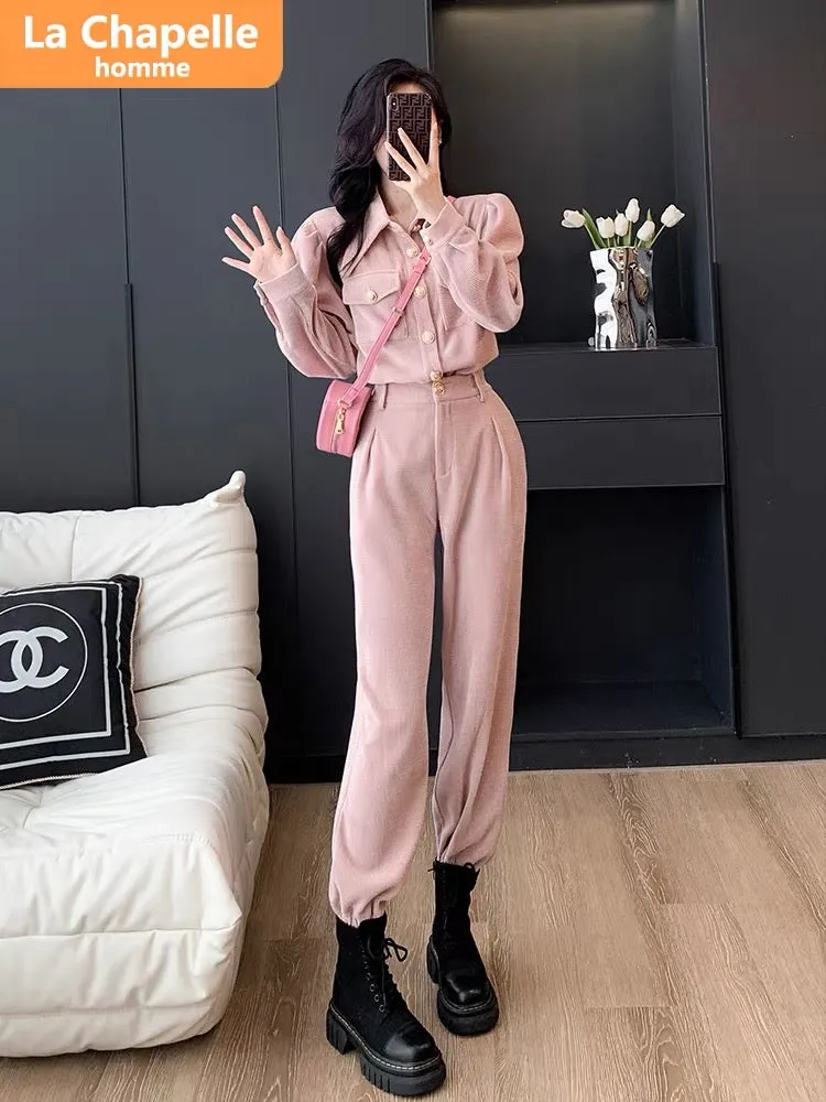 La Chapelle high-end temperament pink casual sports suit women's autumn 2023 new slim workwear two-piece set