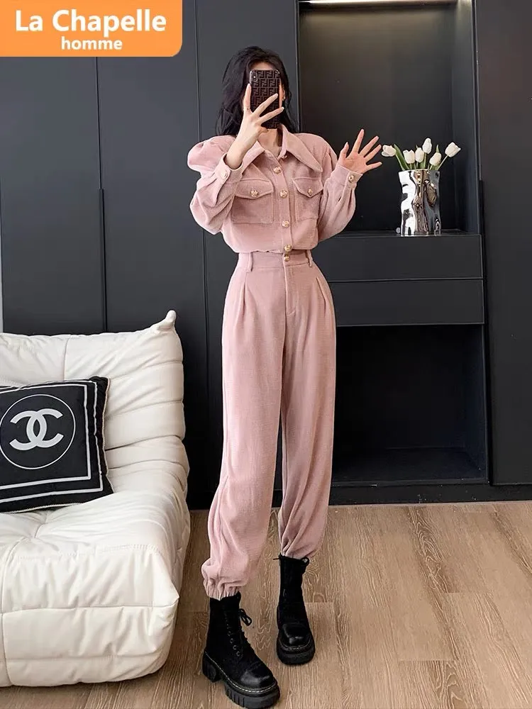 La Chapelle high-end temperament pink casual sports suit women's autumn 2023 new slim workwear two-piece set