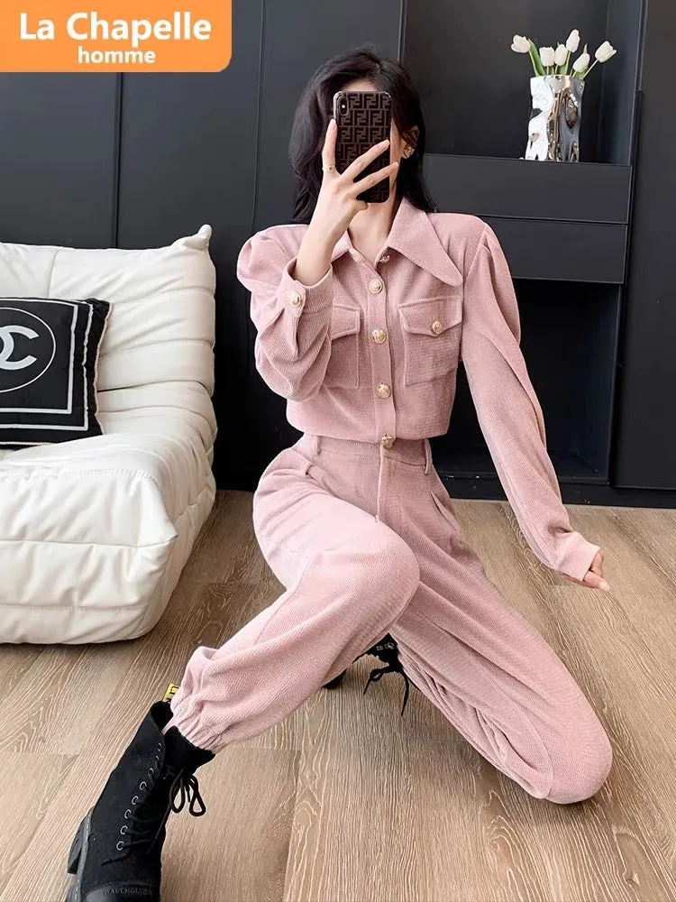 La Chapelle high-end temperament pink casual sports suit women's autumn 2023 new slim workwear two-piece set