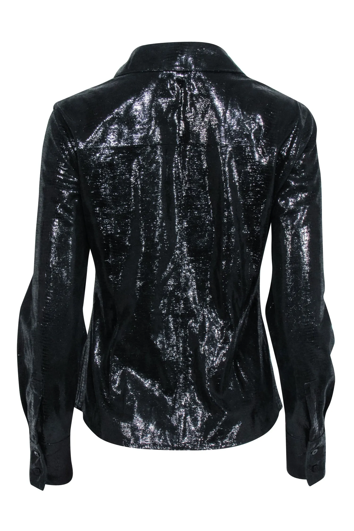 Lafayette 148 - Black Metallic Leather Zip Up Shirt Jacket Sz 4