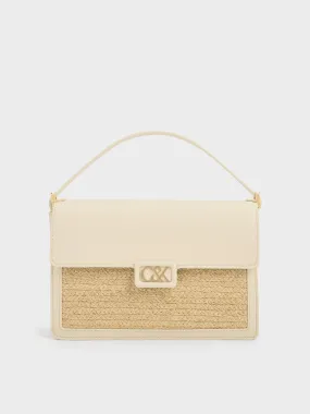 Leather & Raffia Shoulder Bag - Beige