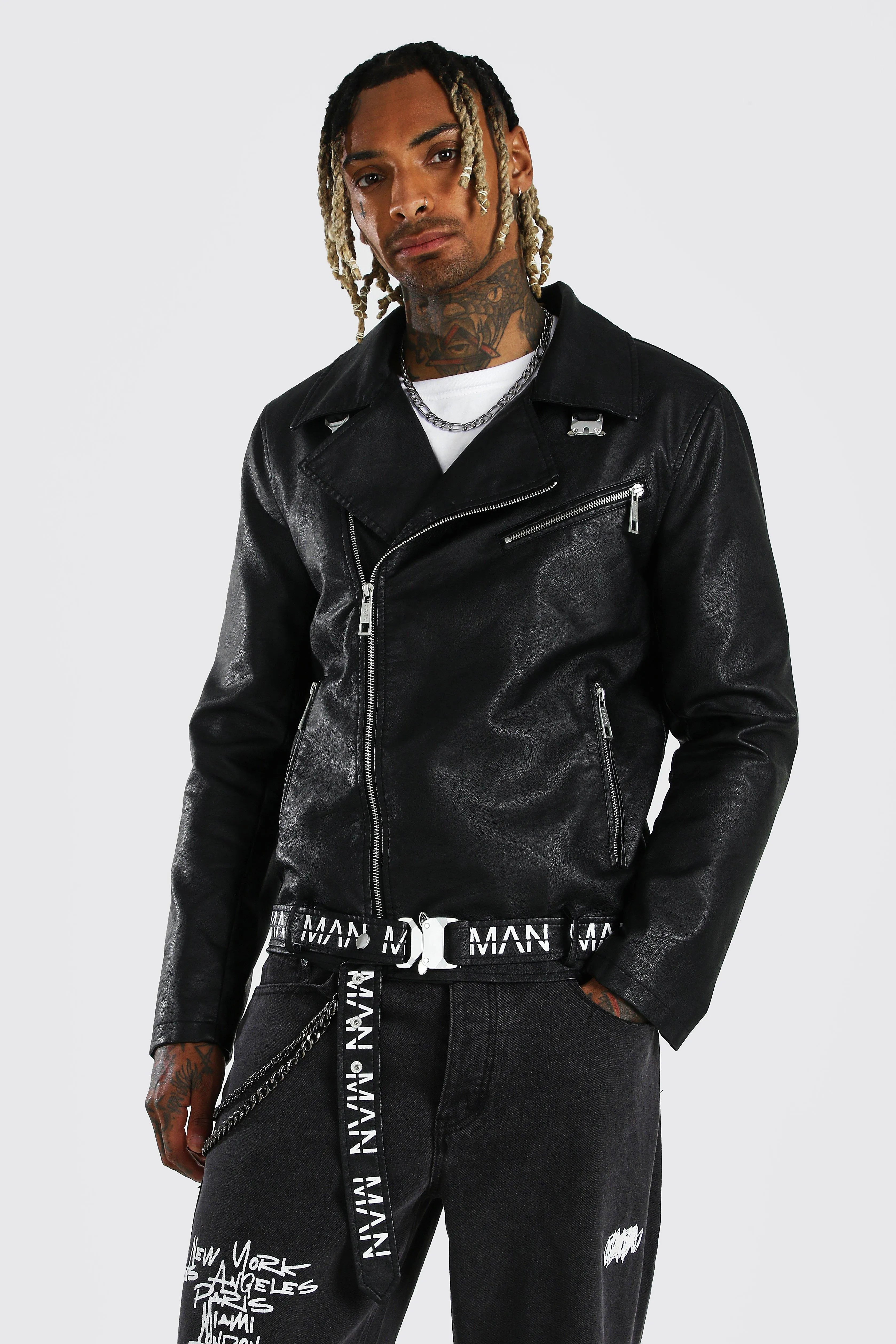 Leather Look MAN Branded Belt Biker Jacket | boohooMAN UK