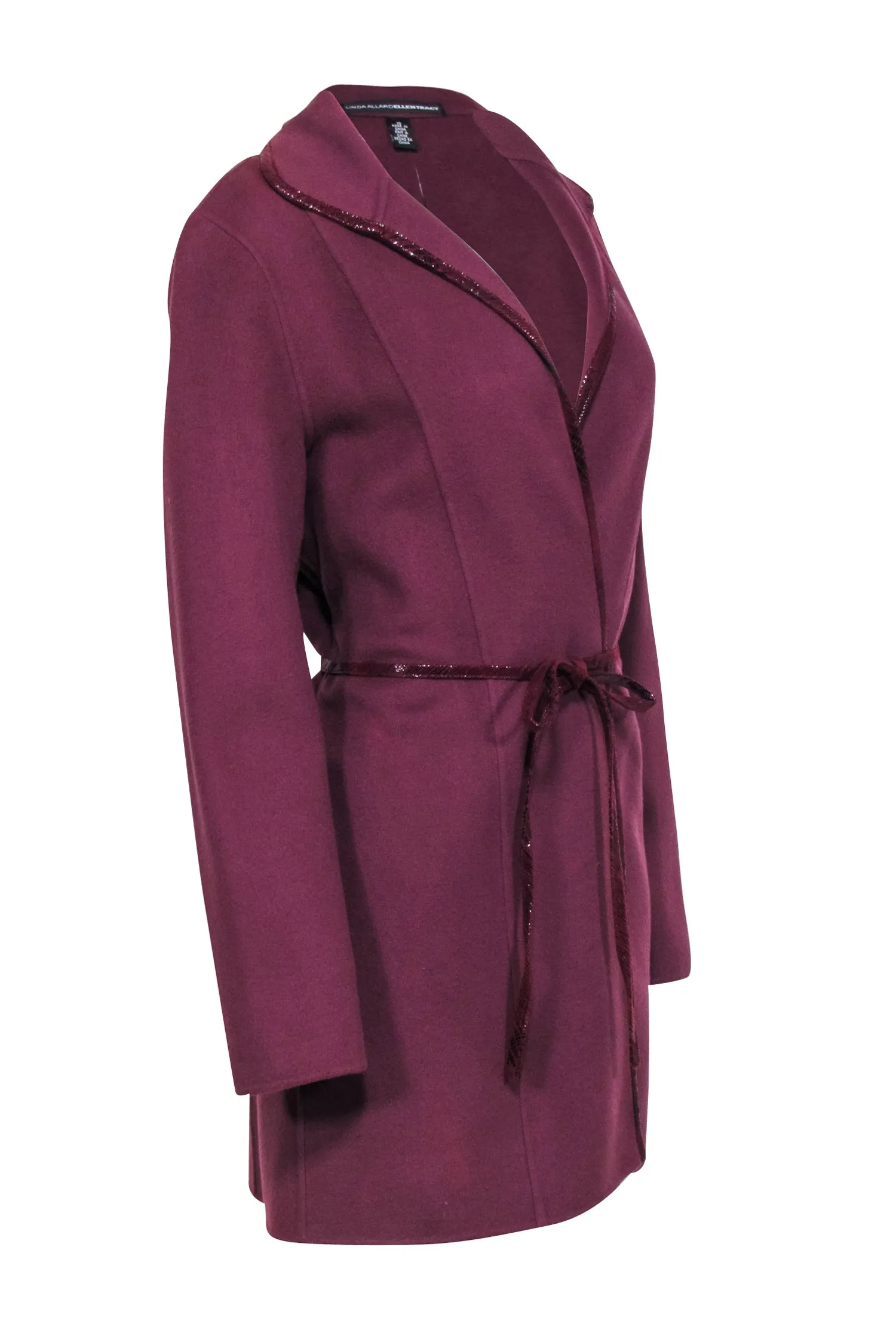 Linda Allard x Ellen Tracy - Plum Wool Belted Jacket w/ Leather Trim Sz 10