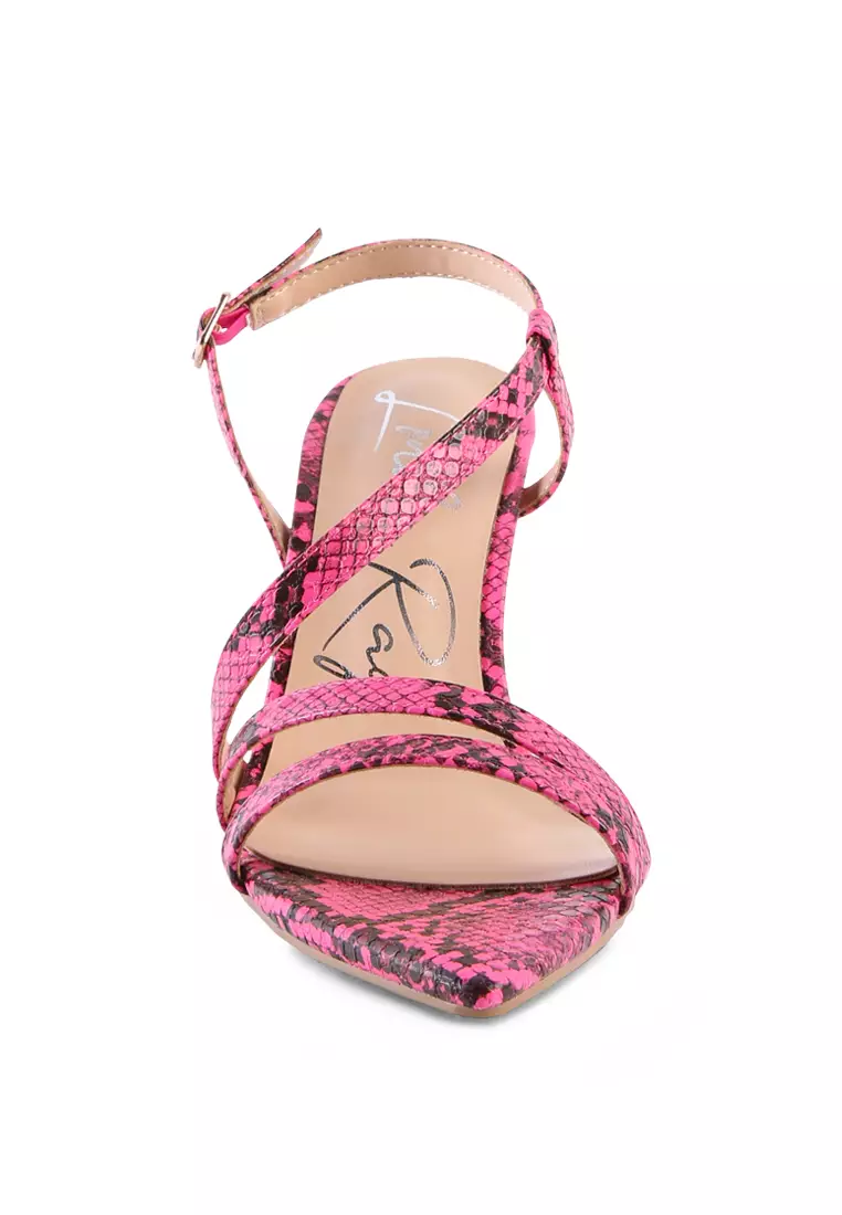 London Rag Neon Pink Snake Print Spool Heeled Sandals