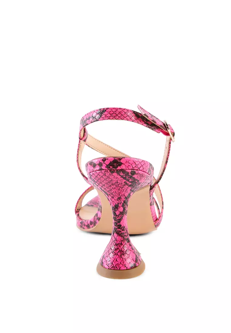 London Rag Neon Pink Snake Print Spool Heeled Sandals