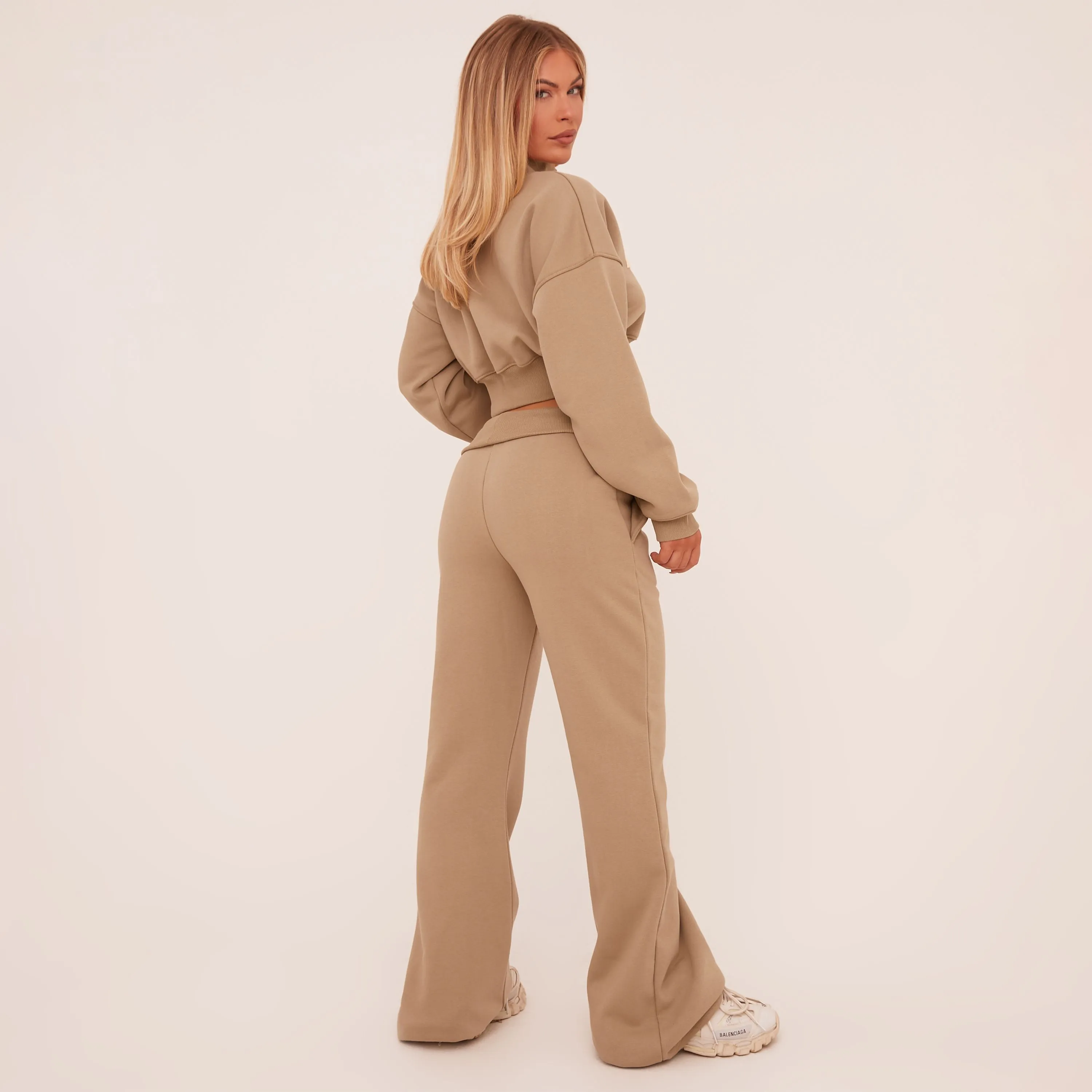 Low Rise Tie Waist Flared Joggers In Taupe Brown