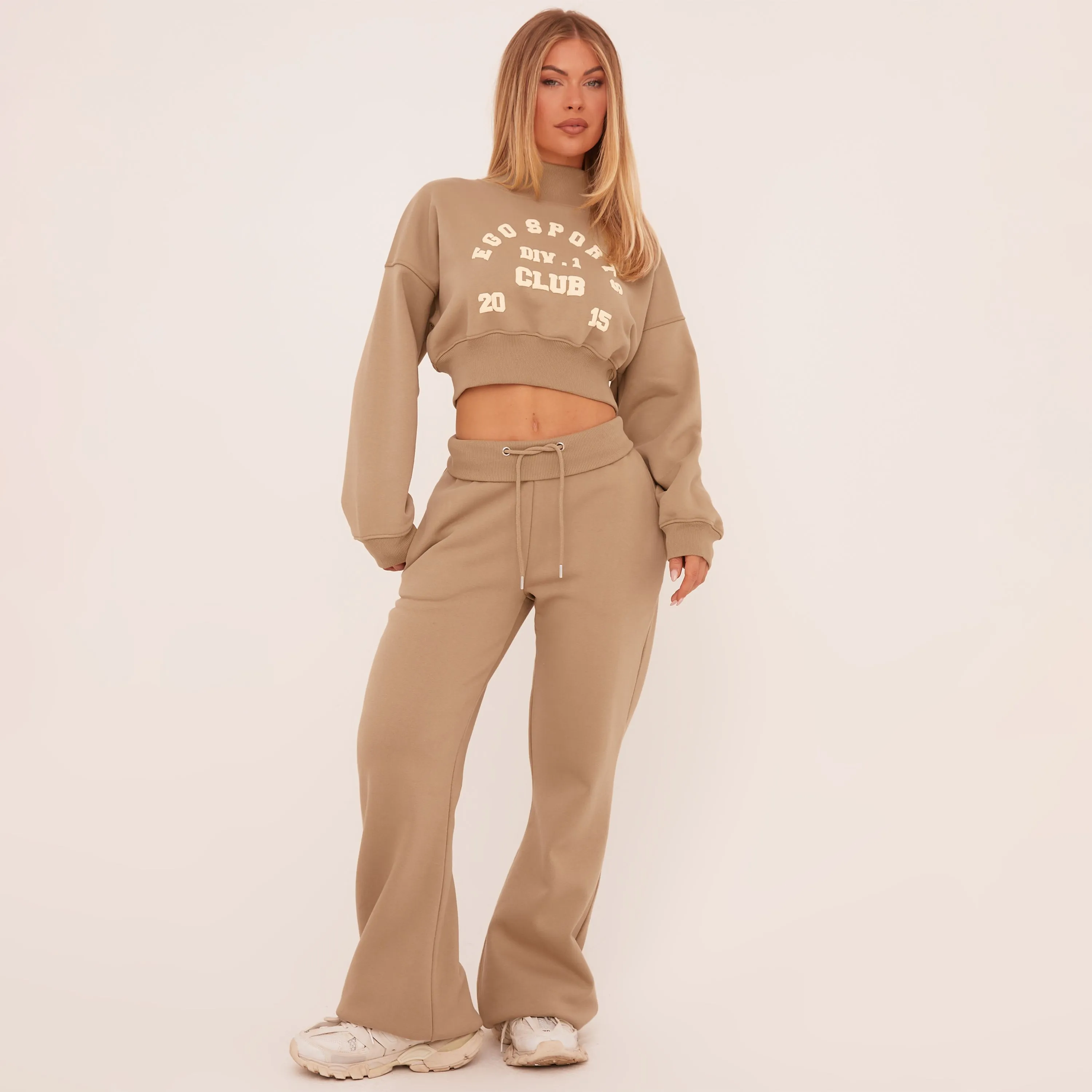 Low Rise Tie Waist Flared Joggers In Taupe Brown