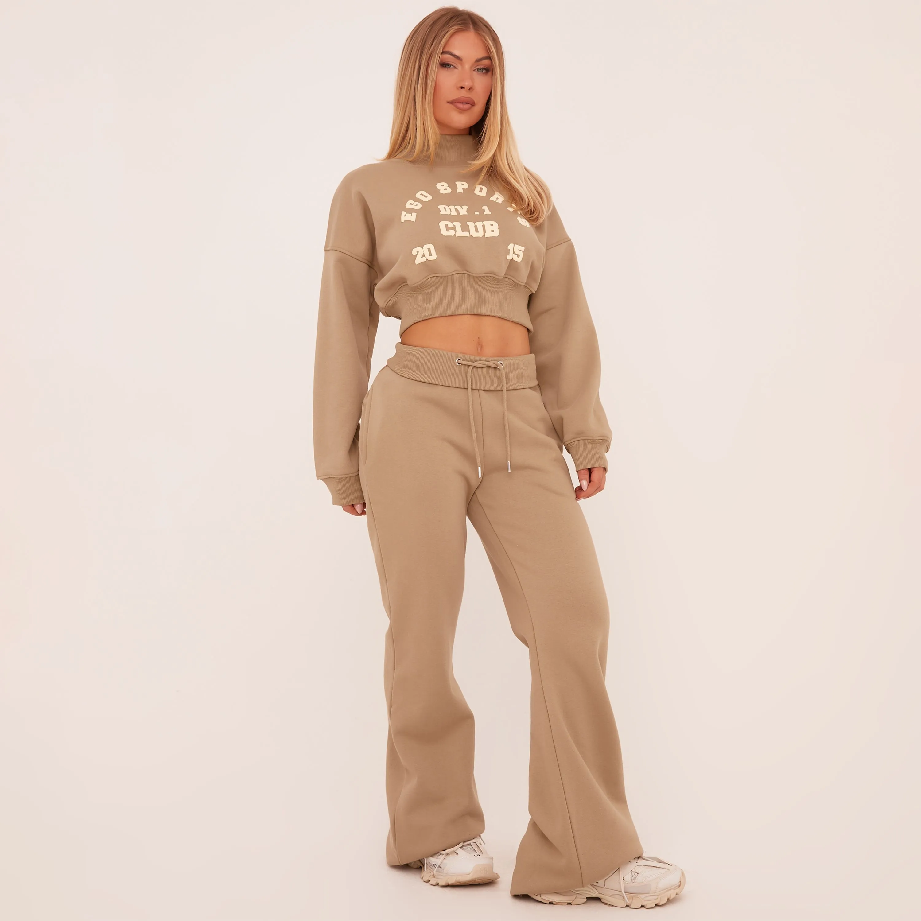 Low Rise Tie Waist Flared Joggers In Taupe Brown