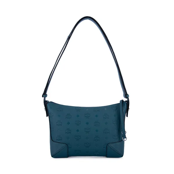 MCM Klara Monogram Leather Shoulder Bag Deep Teal  Medium