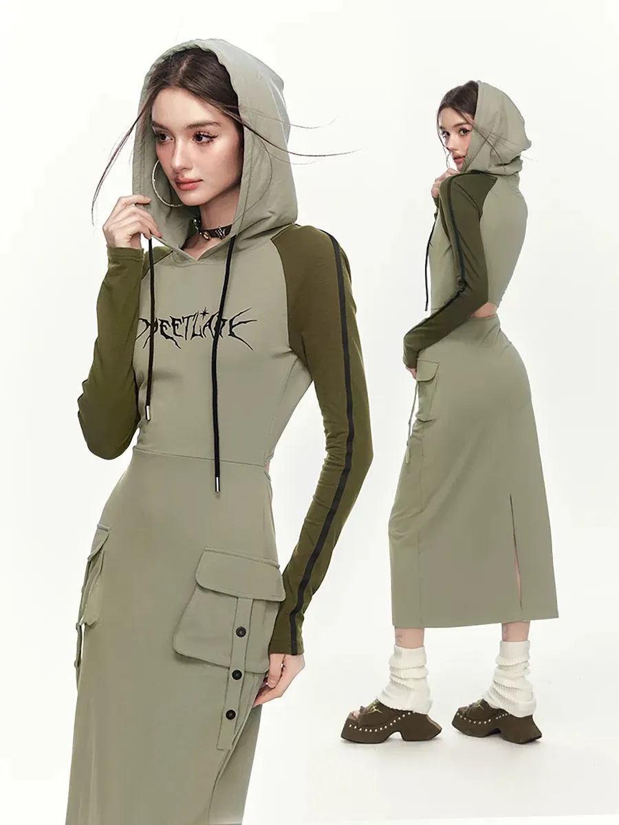 MEETLADY mid-length hooded long-sleeved dress women's spring new hollow back slim workwear sweatshirt long skirt