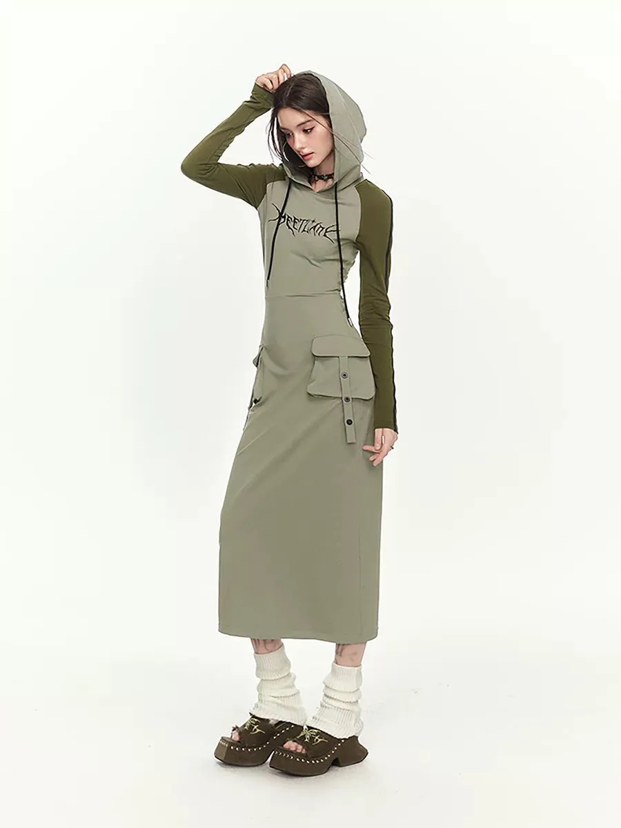 MEETLADY mid-length hooded long-sleeved dress women's spring new hollow back slim workwear sweatshirt long skirt